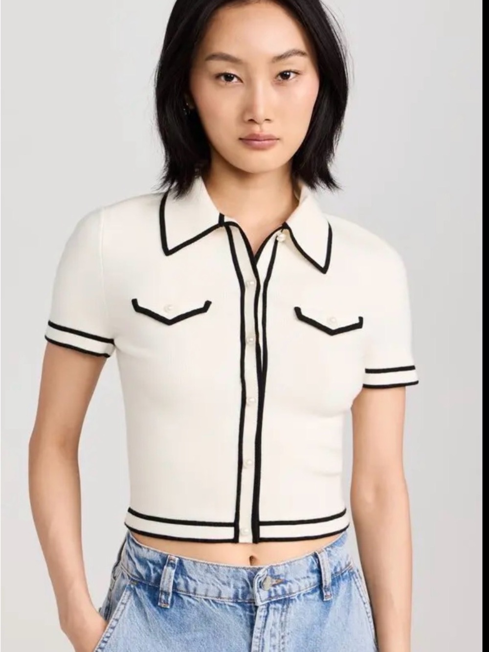 Alice + Olivia Cream Crop Polo with Black Trim